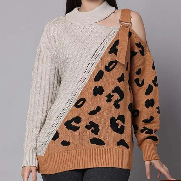 Leopard Print Long Sleeve Asymmetrical Neck Buckle Colorblock Sweater Size M - Picture 1 of 8